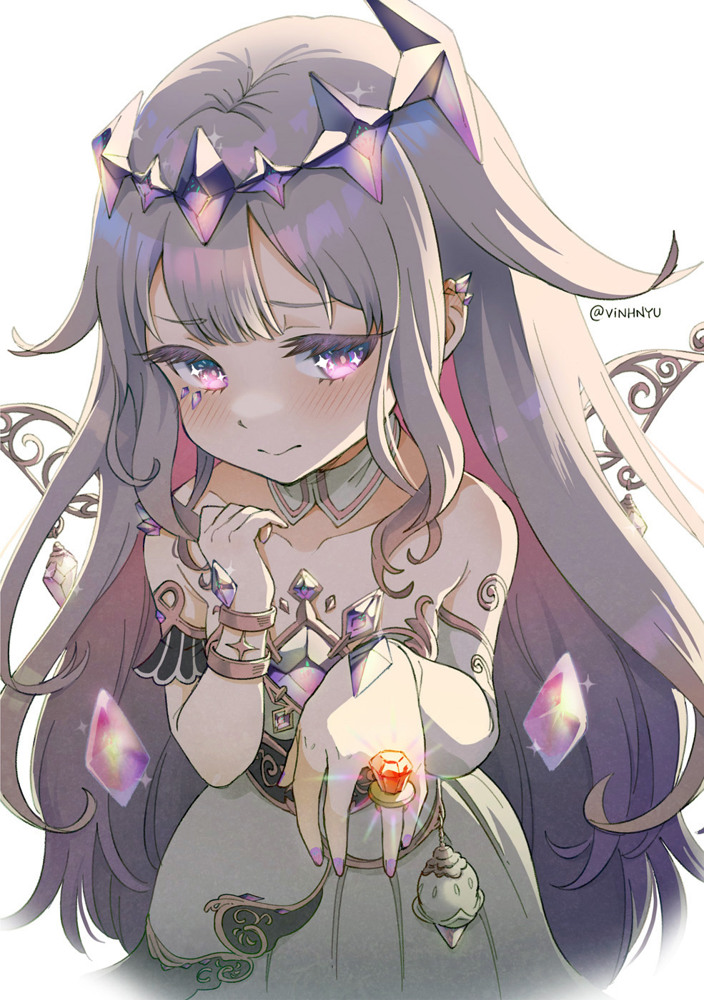 1girl, bare_shoulders, black_corset, blush, chest_jewel, circlet, closed_mouth, collarbone