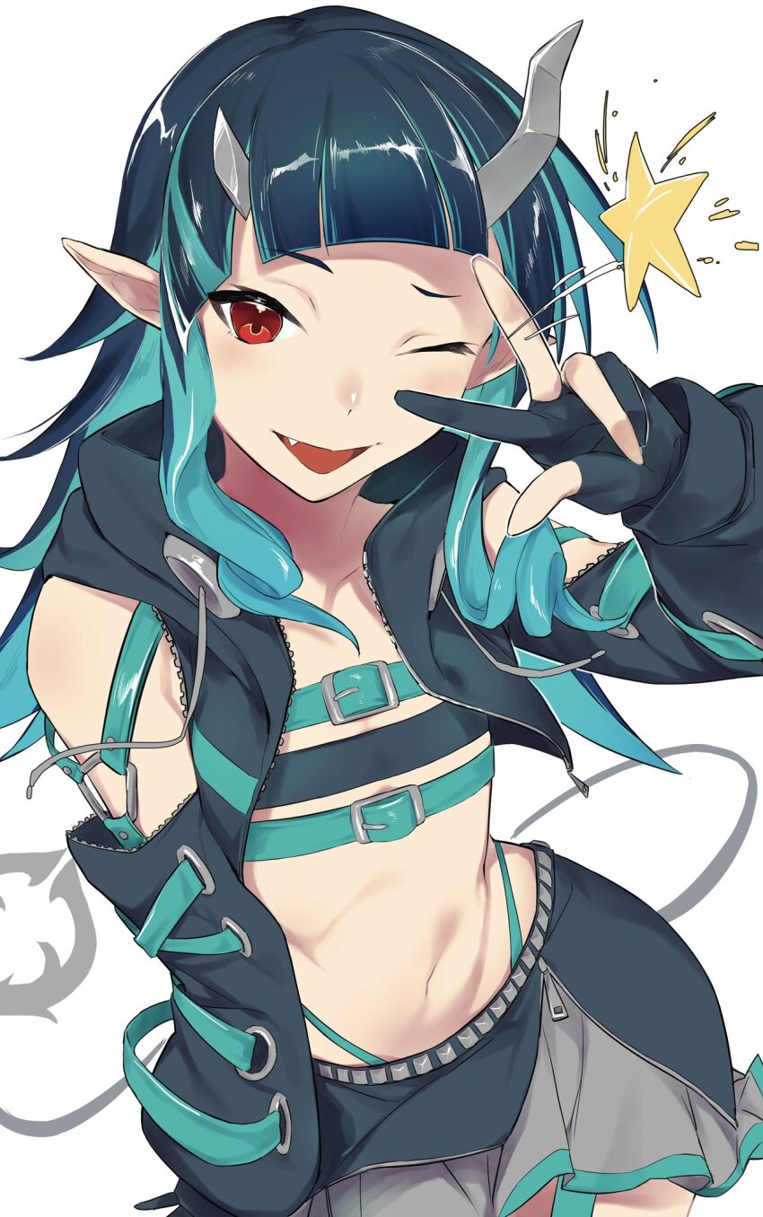 1girl, belt, belt_bra, black_gloves, black_hair, black_jacket, black_skirt, blue_belt, blue_hair, blue_panties, blush, chest_belt, clothing_cutout, commentary_request, cowboy_shot, cropped_jacket, demon_girl, demon_horns, demon_tail, fang, flat_chest, gloves, grey_skirt, highleg, highleg_panties, highres, horns, jacket, kuma_(jk0073), layered_skirt, long_hair, long_sleeves, looking_at_viewer, midriff, multicolored_hair, nanashi_inc., navel, one_eye_closed, open_clothes, open_jacket, open_mouth, panties, partially_fingerless_gloves, pointy_ears, red_eyes, shishio_chris, shishio_chris_(1st_costume), short_bangs, shoulder_cutout, simple_background, skirt, smile, solo, star_(symbol), tail, two-tone_hair, underwear, v, v_over_eye, virtual_youtuber, white_background, zipper, zipper_skirt