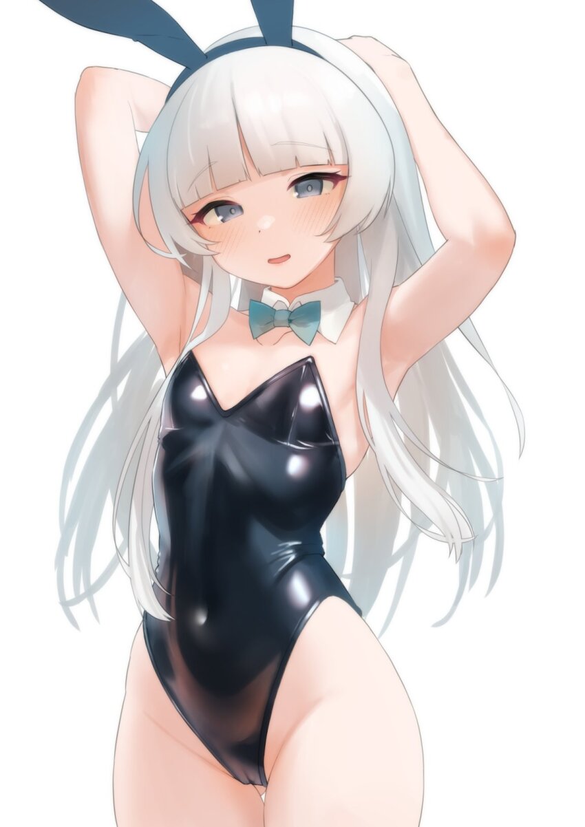 1girl, animal_ears, armpits, arms_up, black_leotard, blue_bow, blue_bowtie, blue_eyes, blunt_bangs, bow, bowtie, breasts, detached_collar, fake_animal_ears, highres, kantai_collection, leotard, long_hair, looking_at_viewer, playboy_bunny, rabbit_ears, sakiecho, shirakumo_(kancolle), simple_background, small_breasts, solo, strapless, strapless_leotard, very_long_hair, white_background, white_hair