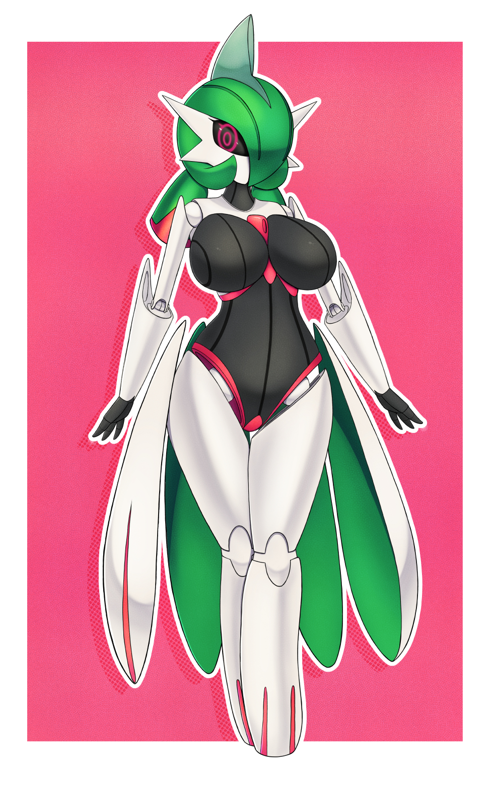 1girl, arms_at_sides, babyserval, black_sclera, black_skin, blue_hair, border, breasts