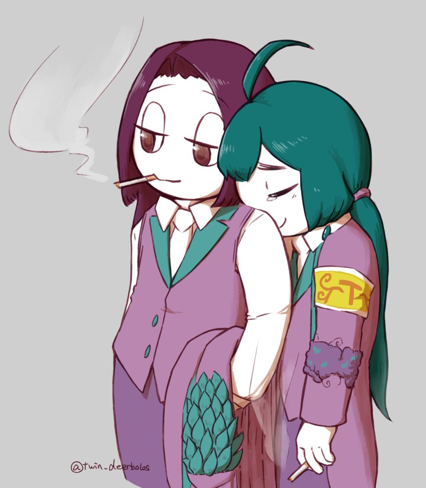 2others, ahoge, aqua_hair, armband, buttons, cigarette, closed_eyes, coattails