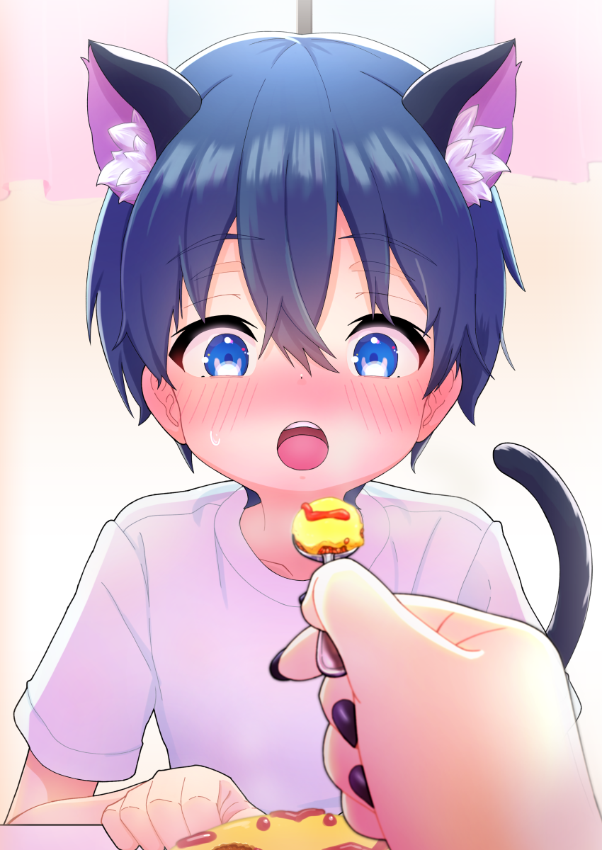 1boy, animal_ear_fluff, animal_ears, black_nails, blue_eyes, blue_hair, blush, cat_boy, cat_ears, cat_tail, child, collarbone, feeding, food, hair_between_eyes, highres, holding, holding_spoon, jail_black, male_focus, omelet, omurice, open_mouth, original, shirt, short_hair, spoon, sweat, tail, teeth, upper_body, upper_teeth_only, white_shirt