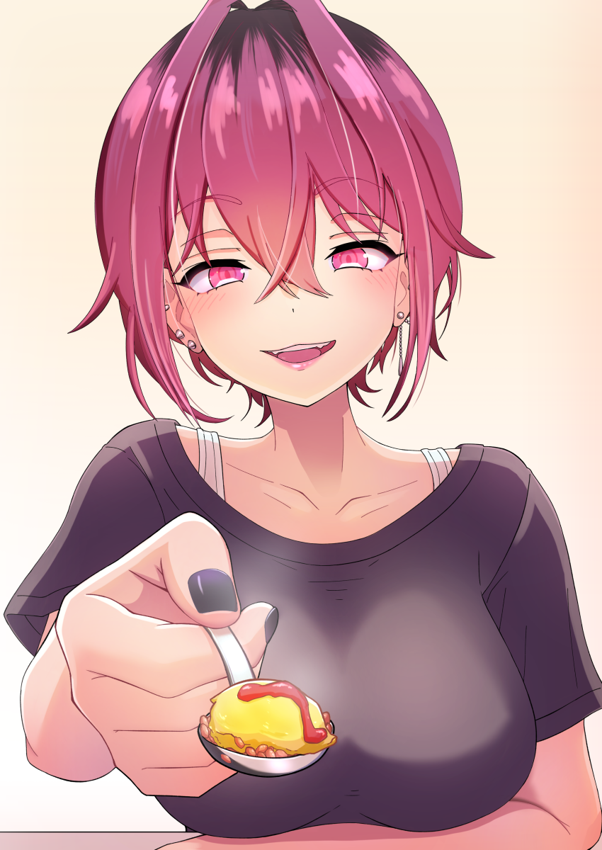 1girl, arm_under_breasts, black_nails, black_shirt, breasts, collarbone, crossed_bangs, ear_piercing, earrings, food, hair_between_eyes, highres, holding, holding_spoon, jail_black, jewelry, large_breasts, omelet, omurice, original, parted_lips, piercing, pink_eyes, pov, purple_hair, shirt, short_hair, solo, spoon, table, teeth, upper_body, upper_teeth_only