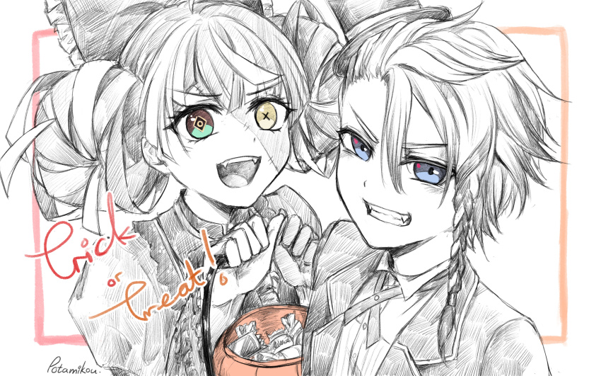 absurdres, axel_syrios, blue_eyes, brai, braid, candy, english_text, fang