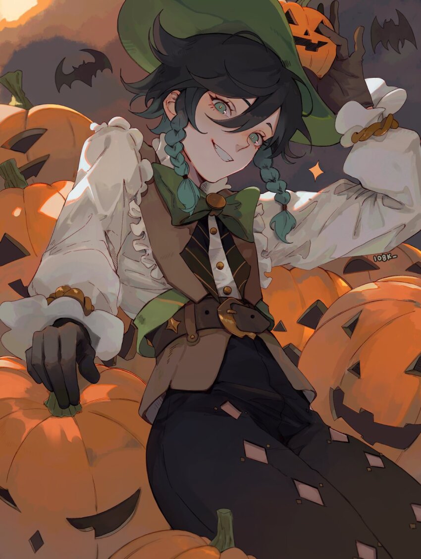 1boy, 1o8k, alternate_costume, animal, animal_ears, aqua_eyes, arm_up, artist_name