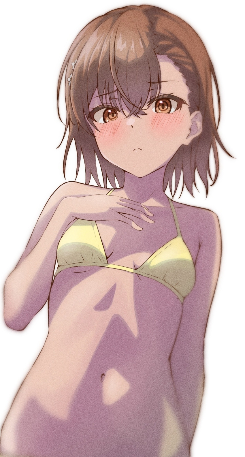 1girl, :<, bikini, blush, bottomless, breasts, brown_eyes, brown_hair, embarrassed, eyebrows_hidden_by_hair, female_focus, flower, hair_between_eyes, hair_flower, hair_ornament, halya_meri, hand_on_own_chest, highres, looking_at_viewer, misaka_mikoto, navel, ringed_eyes, short_hair, simple_background, small_breasts, swimsuit, toaru_kagaku_no_railgun, toaru_majutsu_no_index, white_background, yellow_bikini