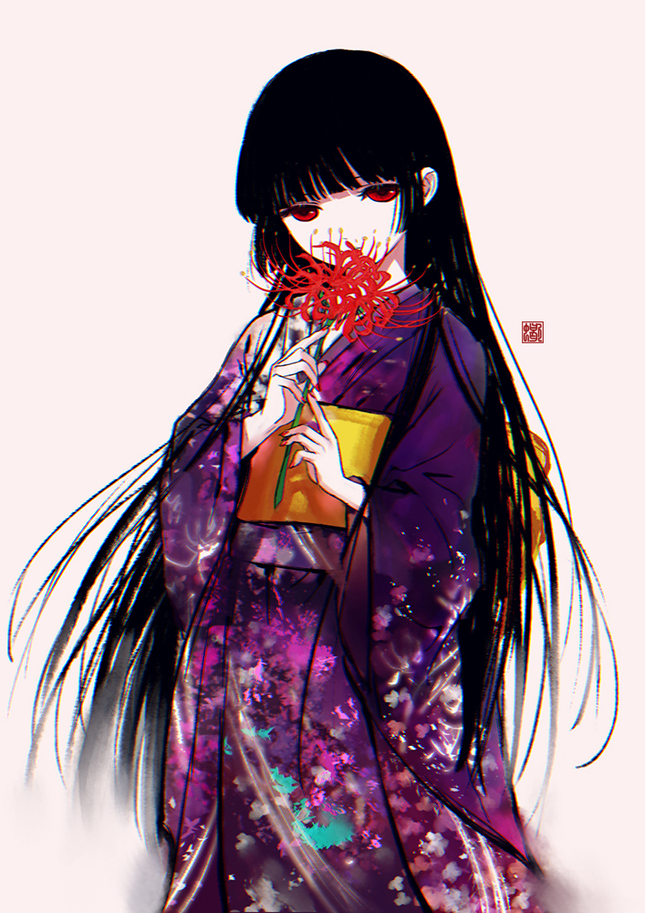 1girl, black_hair, blunt_bangs, covered_mouth, cowboy_shot, enma_ai, flower, hime_cut