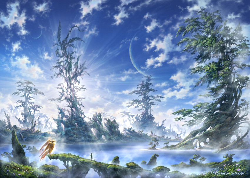 1girl, bird, cloud, fantasy, forest, grand_scale, landscape, nature, original, scenery, shirakaba_toshiharu, sky, tree, water