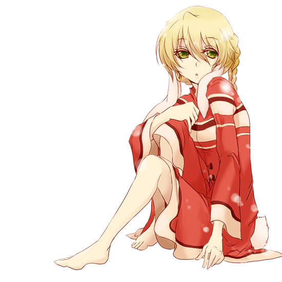 161, 1girl, animal_ears, artistic_error, bare_legs, barefoot, blonde_hair, braid