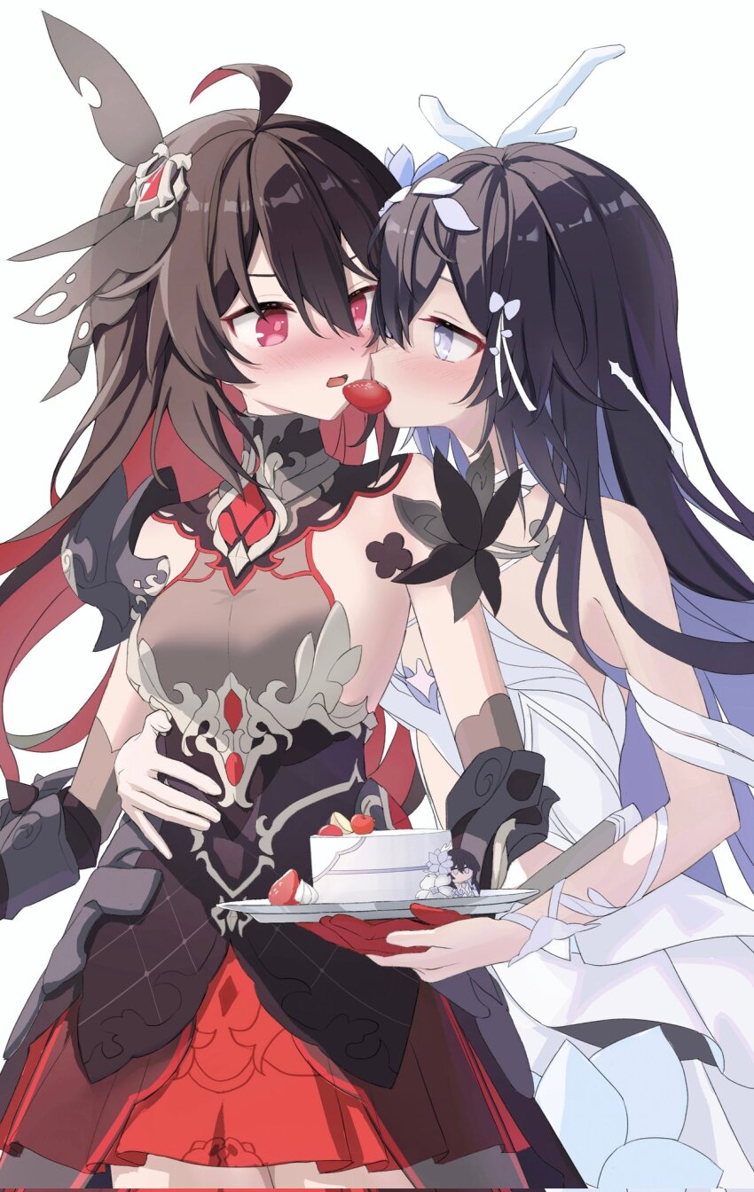 ahoge, bare_shoulders, birthday, black_dress, black_hair, black_headwear, blush, breasts, cake, colored_inner_hair, commentary, dress, english_commentary, food, gloves, hand_on_another's_stomach, highres, holding_hands, honkai_(series), honkai_impact_3rd, huanxiangfengmi09151, long_hair, looking_at_another, multicolored_hair, red_eyes, red_gloves, red_hair, seele_(alter_ego), seele_vollerei, seele_vollerei_(herrscher_of_rebirth), seele_vollerei_(starchasm_nyx), shy, simple_background, small_breasts, upper_body, white_background, white_dress, yuri