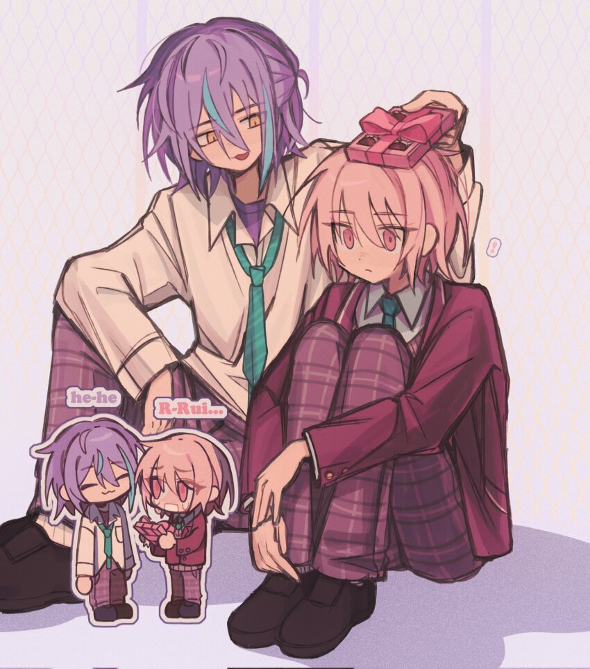 1boy, 1other, akiyama_mizuki, akiyama_mizuki_(middle_school), blue_hair, blue_necktie, box, cardigan