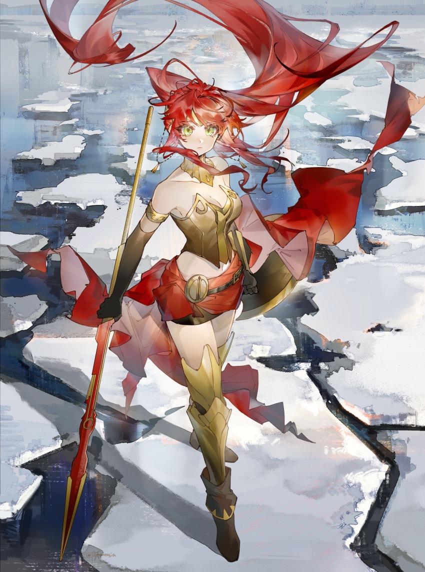 1girl, absurdres, armlet, arms_at_sides, bare_shoulders, black_gloves, boots, breasts