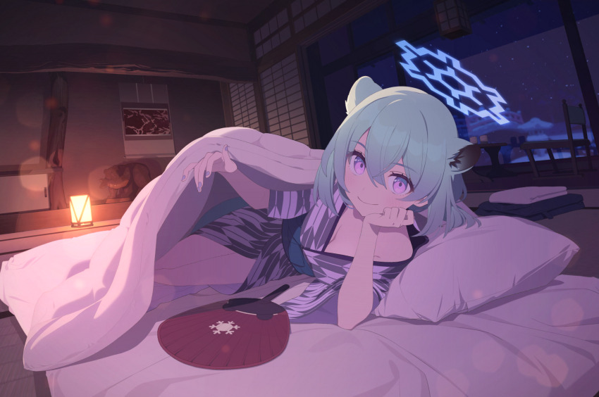1girl, absurdres, animal_ear_fluff, animal_ears, architecture, artist_request, bath_yukata, bed_invitation, blue_archive, blue_halo, blush, breasts, choko_(cup), cleavage, come_hither, crossed_bangs, cup, east_asian_architecture, extra_ears, floor_lamp, futon, game_cg, green_eyes, green_hair, grey_kimono, hair_between_eyes, halo, hand_fan, hanging_scroll, head_rest, highres, indoors, japanese_clothes, kimono, lamp, lens_flare, lifting_covers, looking_at_viewer, medium_breasts, medium_hair, multicolored_eyes, nail_polish, naked_kimono, non-web_source, official_alternate_costume, official_art, paper_fan, pillow, pink_eyes, purple_eyes, purple_nails, sash, scroll, shigure_(blue_archive), shigure_(hot_spring)_(blue_archive), smile, solo, statuette, tail, tatami, under_covers, weasel_ears, weasel_girl, weasel_tail, yagasuri, yukata
