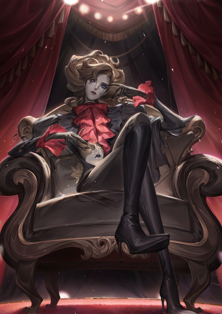 1girl, armchair, artist_request, ascot, black_boots, black_gloves, black_jacket, black_pants, blank_eyes, blue_eyeshadow, boots, bow, bowtie, brown_hair, chair, closed_mouth, comb_over, commentary, cracked_skin, crossed_legs, curly_hair, curtains, cushion, elbow_rest, english_commentary, expressionless, eyeshadow, fingernails, frilled_sleeves, frills, full_body, gloves, high_heel_boots, high_heels, highres, holding, holding_mask, identity_v, jacket, juliet_sleeves, knee_boots, lipstick, long_sleeves, looking_at_viewer, makeup, mask, official_art, pants, ponytail, puffy_sleeves, red_ascot, red_bow, red_bowtie, red_lips, red_shirt, sangria_(identity_v), second-party_source, sharp_fingernails, shirt, short_ponytail, sitting, solo, stage_curtains, stage_lights