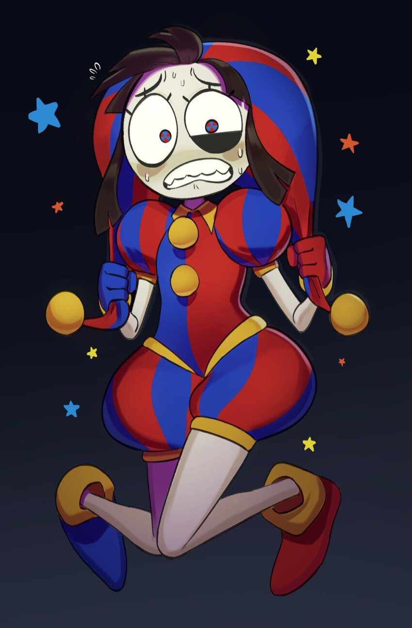 1girl, asymmetrical_footwear, asymmetrical_gloves, blue_eyes, blue_footwear, blue_gloves, brown_hair, despair, fattcactus, full_body, gloves, hat, hat_bell, highres, jester, jester_cap, looking_at_viewer, mismatched_footwear, mismatched_gloves, multicolored_eyes, multicolored_hat, pomni_(the_amazing_digital_circus), red_eyes, red_footwear, red_gloves, solo, star_(symbol), sweat, teeth, the_amazing_digital_circus, two-tone_eyes