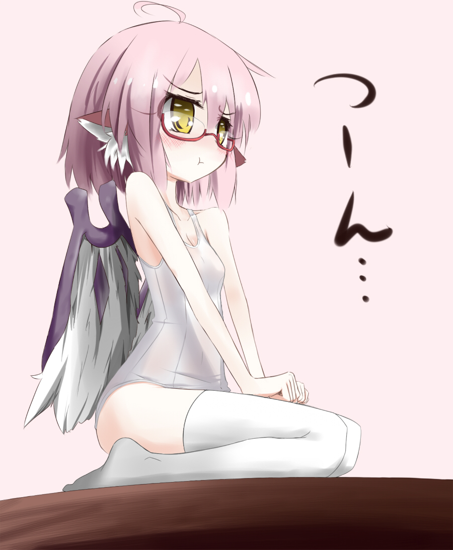 1girl, :t, angry, animal_ears, bad_id, bad_pixiv_id, bespectacled, blush, female_focus, flat_chest, full_body, glasses, mystia_lorelei, one-piece_swimsuit, pink_hair, pout, school_swimsuit, seiza, short_hair, sitting, solo, swimsuit, thighhighs, touhou, urimono, v_arms, white_school_swimsuit, white_one-piece_swimsuit, white_thighhighs, wings, yellow_eyes