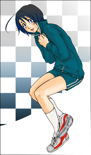 00s, 1boy, ahoge, black_hair, bleach, checkered_background, gym_shorts, gym_uniform