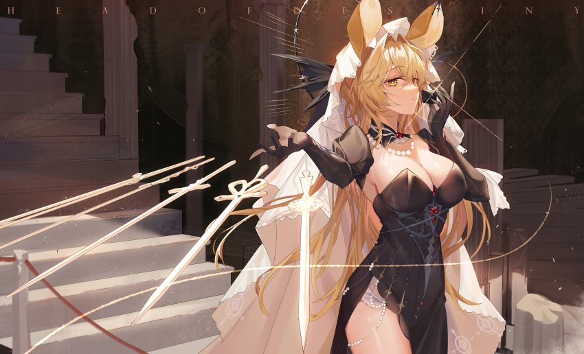 1girl, animal_ears, arknights, black_dress, black_sleeves, blonde_hair, breasts, cleavage