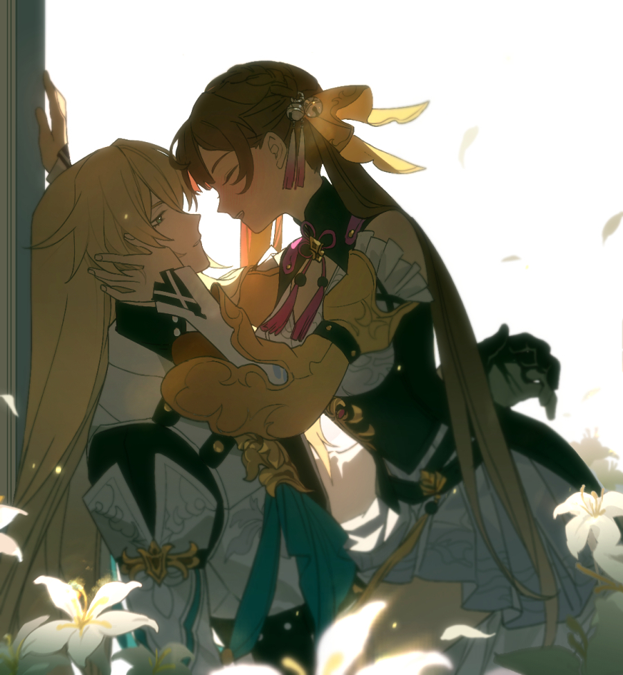 1boy, 1girl, backlighting, bell, black_gloves, black_shirt, blonde_hair, brown_hair