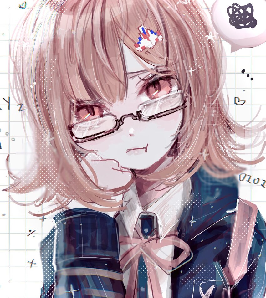 1girl, bespectacled, brown_hair, closed_mouth, collared_shirt, danganronpa_(series), danganronpa_2:_goodbye_despair, glasses