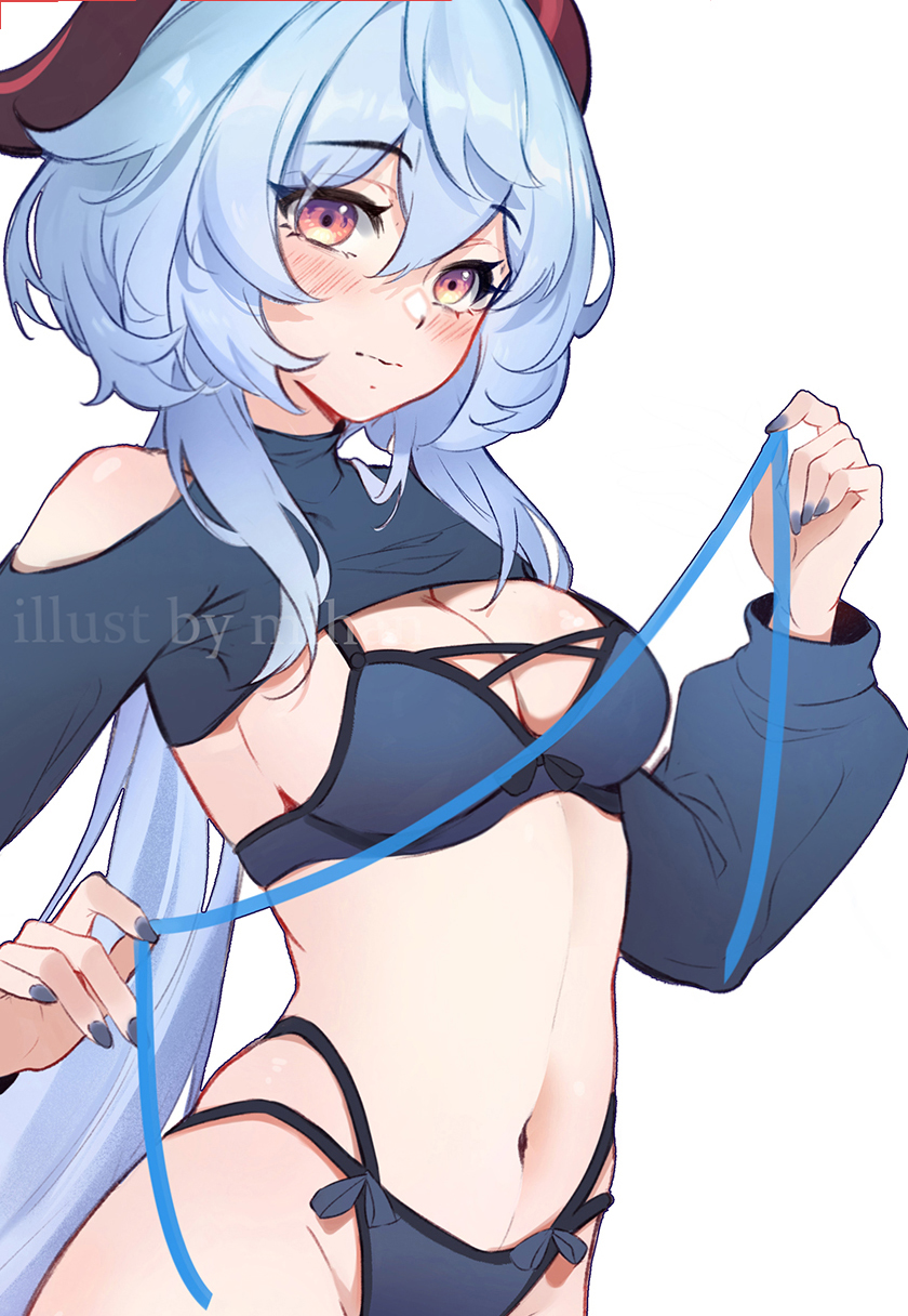 1girl, ahoge, blue_bra, blue_hair, blue_panties, blush, bow, bow_bra