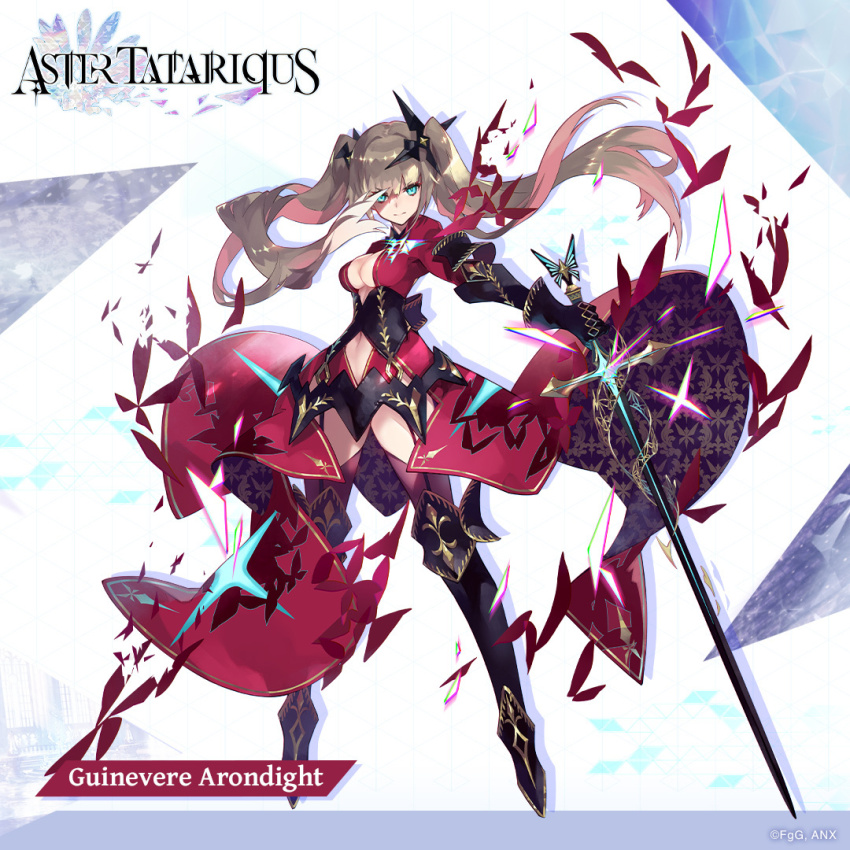 1girl, aqua_eyes, armor, aster_tatariqus, breasts, character_name, cleavage, cleavage_cutout, clothing_cutout, company_name, copyright_logo, copyright_name, garter_straps, gauntlets, glowing_markings, greaves, guinevere_(aster_tatariqus), hair_between_eyes, hair_ornament, holding, holding_weapon, logo, long_hair, medium_breasts, navel, navel_cutout, official_art, sword, thighhighs, twintails, waist_cape, weapon, zettai_ryouiki