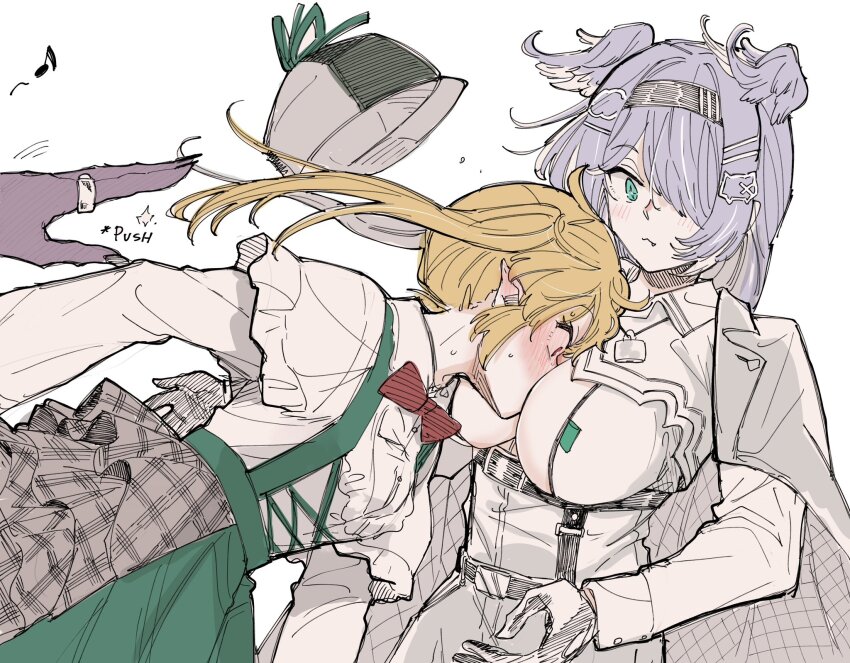 3girls, between_breasts, blonde_hair, blue_eyes, blue_hair, blush, bow, bowtie, breasts, cleavage, cleavage_cutout, clothing_cutout, dress, elira_pendora, elira_pendora_(4th_costume), face_between_breasts, fairy, fingernails, gloves, green_dress, hair_ornament, hair_over_one_eye, hairband, hairclip, hat, head_between_breasts, head_wings, highres, jewelry, kyouno, large_breasts, long_hair, multiple_girls, nijisanji, nijisanji_en, official_alternate_costume, one_eye_covered, pointy_ears, pomu_rainpuff, pomu_rainpuff_(4th_costume), pushing, red_bow, red_bowtie, red_eyes, ring, selen_tatsuki, selen_tatsuki_(phantom_thief), sharp_fingernails, shirt, simple_background, twintails, virtual_youtuber, white_shirt, wings