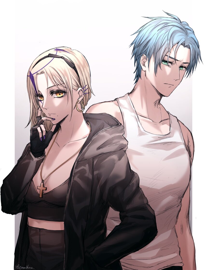 1boy, 1girl, absurdres, blonde_hair, blue_hair, commentary, cross, cross_necklace