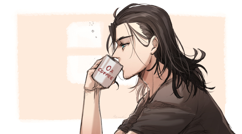 1boy, black_hair, blue_eyes, coffee_mug, cup, exhausted, facial_hair, from_side