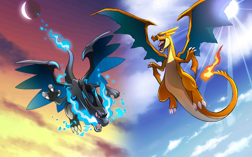 2boys, angry, artist_request, black_skin, blue_eyes, blue_fire, blue_sky, charizard, claws, cloud, cloudy_sky, colored_skin, day, day_and_night, fangs, fire, fire_tail, flying, gen_1_pokemon, gradient_background, mega_charizard_x, mega_charizard_y, mega_pokemon, moon, multiple_boys, night, nintendo, official_art, orange_skin, pokemon, red_eyes, sky, sun, tail, third-party_source, wings