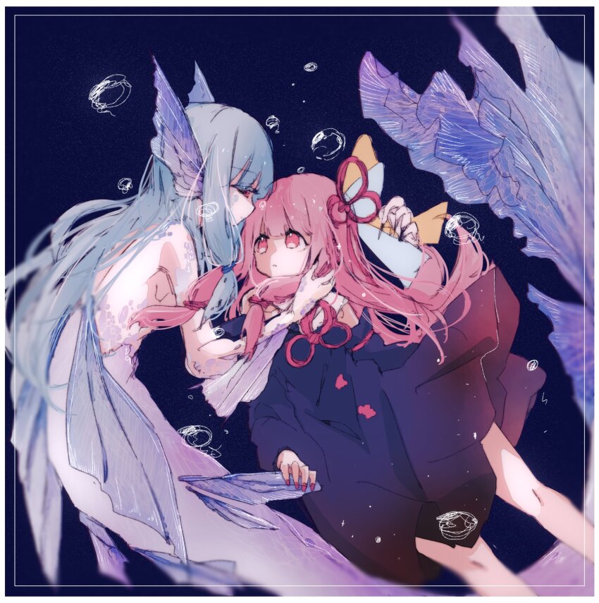 2girls, air_bubble, arm_fins, black_background, black_dress, black_nails, blue_hair, border