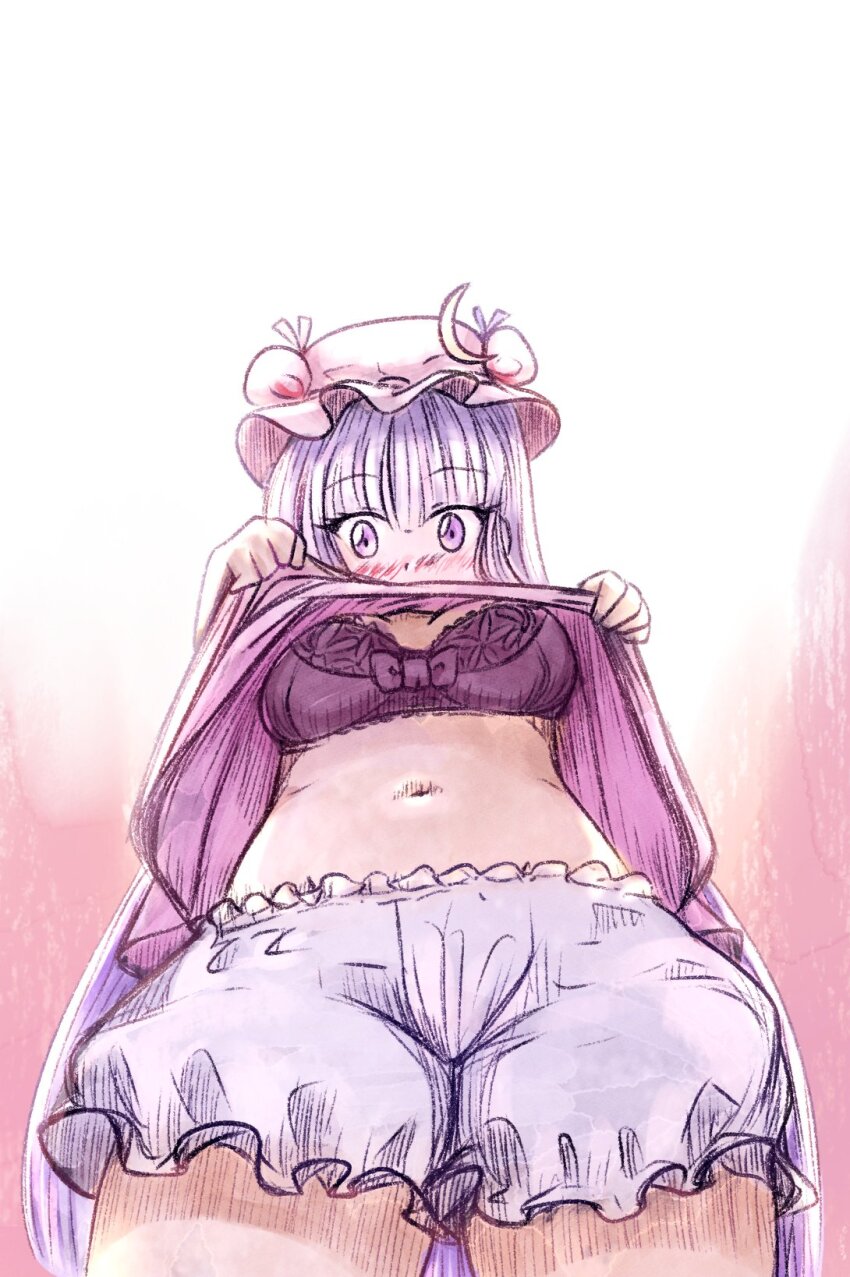 1girl, bloomers, blush, bra, breasts, clothes_lift, commentary, covered_mouth, cowboy_shot, crescent, crescent_hat_ornament, dr._addamelech, english_commentary, from_below, hat, hat_ornament, hat_ribbon, highres, large_breasts, long_hair, looking_at_viewer, mob_cap, navel, patchouli_knowledge, purple_eyes, purple_hair, ribbon, shirt_lift, simple_background, sketch, solo, stomach, touhou, underwear, very_long_hair