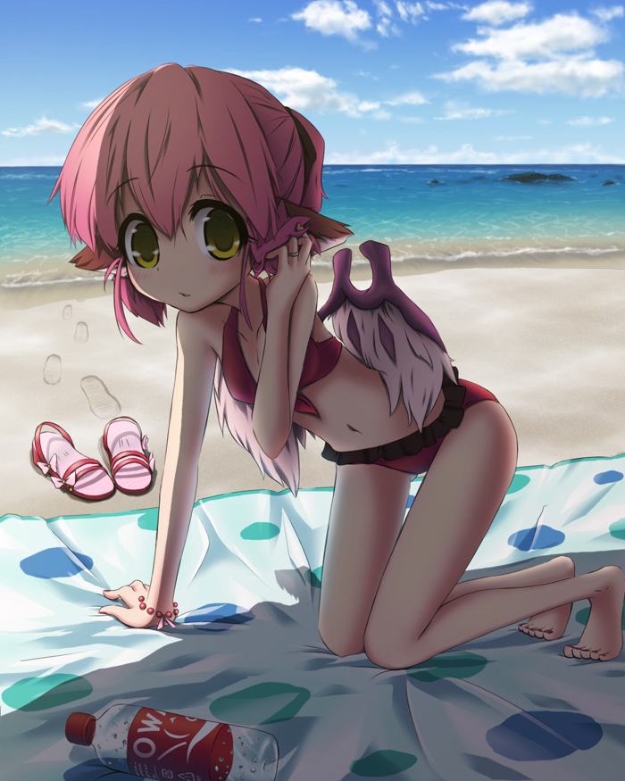 1girl, animal_ears, barefoot, beach, bikini, bracelet, colorized, day
