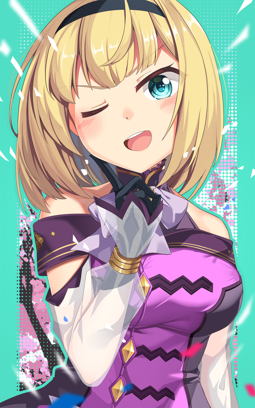1girl, ;d, bare_shoulders, black_gloves, black_hairband, blonde_hair, blue_eyes, blush