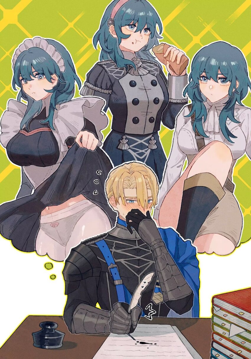 book, bread, buttons, clothes_lift, dimitri_alexandre_blaiddyd, double-breasted, eating, female_byleth_(academy)_(fire_emblem), female_byleth_(fire_emblem), fire_emblem, fire_emblem:_three_houses, food, frelyaskn, highres, imagining, inkwell, maid, maid_headdress, nintendo, pantyhose, pervert, shoulder_belt, skirt, skirt_lift, white_pantyhose, writing