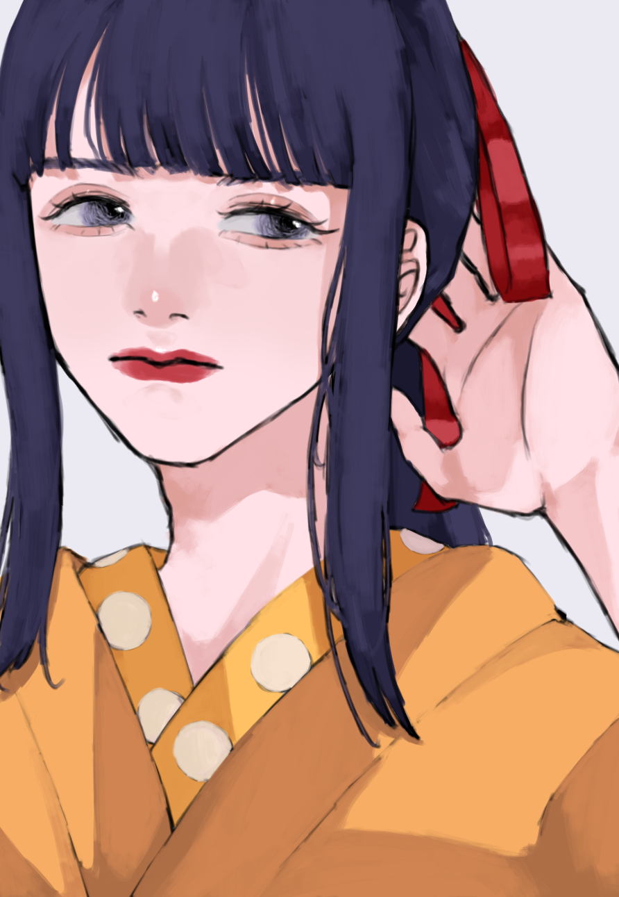 1boy, black_hair, blunt_bangs, closed_mouth, commentary, english_commentary, grey_background, hair_ornament, hair_ribbon, highres, japanese_clothes, kikunojo_(one_piece), kimono, long_hair, male_focus, one_piece, red_lips, red_ribbon, ribbon, simple_background, solo, traditional_clothes, trap, y0701, yellow_kimono