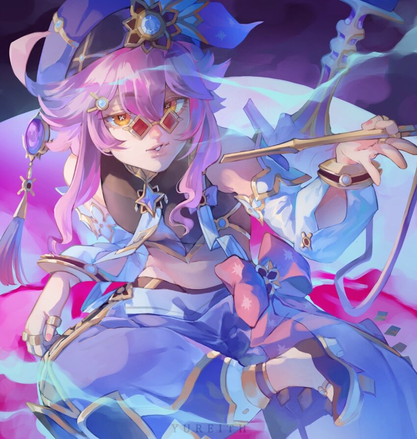 1girl, ahoge, bare_shoulders, crop_top, detached_sleeves, dori_(genshin_impact), gem, genshin_impact, glasses, harem_pants, hat, highres, jewelry, looking_at_viewer, midriff, multiple_rings, pants, pink_hair, pink_nails, puffy_detached_sleeves, puffy_sleeves, purple_pants, red-framed_eyewear, ring, shoes, short_hair, short_hair_with_long_locks, sidelocks, sitting, solo, tinted_eyewear, vision_(genshin_impact), yellow_eyes, yureith