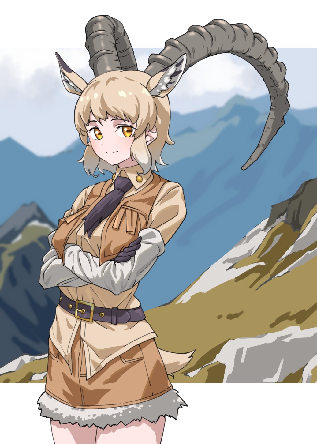 1girl, animal_ear_fluff, animal_ears, arm_warmers, belt, black_belt, black_gloves, black_necktie, brown_shirt, brown_skirt, brown_vest, clothing_cutout, commentary, cowboy_shot, cropped_vest, crossed_arms, extra_ears, fur-trimmed_skirt, fur_trim, gloves, goat_ears, goat_girl, goat_tail, gradient_hair, highres, horizontal_pupils, horns, kemono_friends, large_horns, light_brown_hair, looking_at_viewer, miniskirt, mountain, mountainous_horizon, multicolored_hair, necktie, nubian_ibex_(kemono_friends), shirt, short_hair, skirt, smile, solo, split_mouth, tail, tail_through_clothes, tanabe_(fueisei), untucked_shirt, vest, white_hair, wing_collar, yellow_eyes