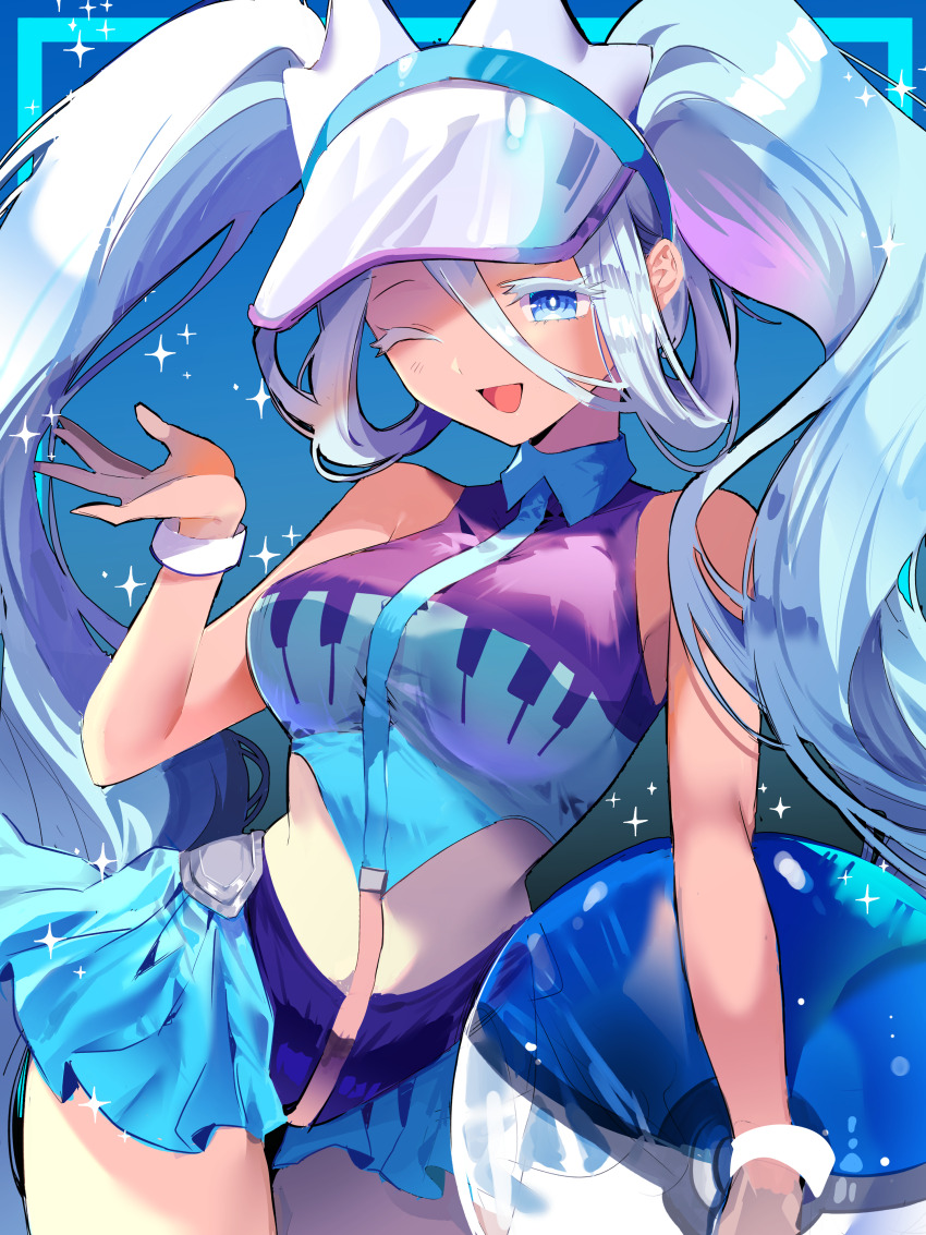 1girl, absurdres, ball, beachball, blue_eyes, blue_hair, colored_eyelashes, hair_between_eyes