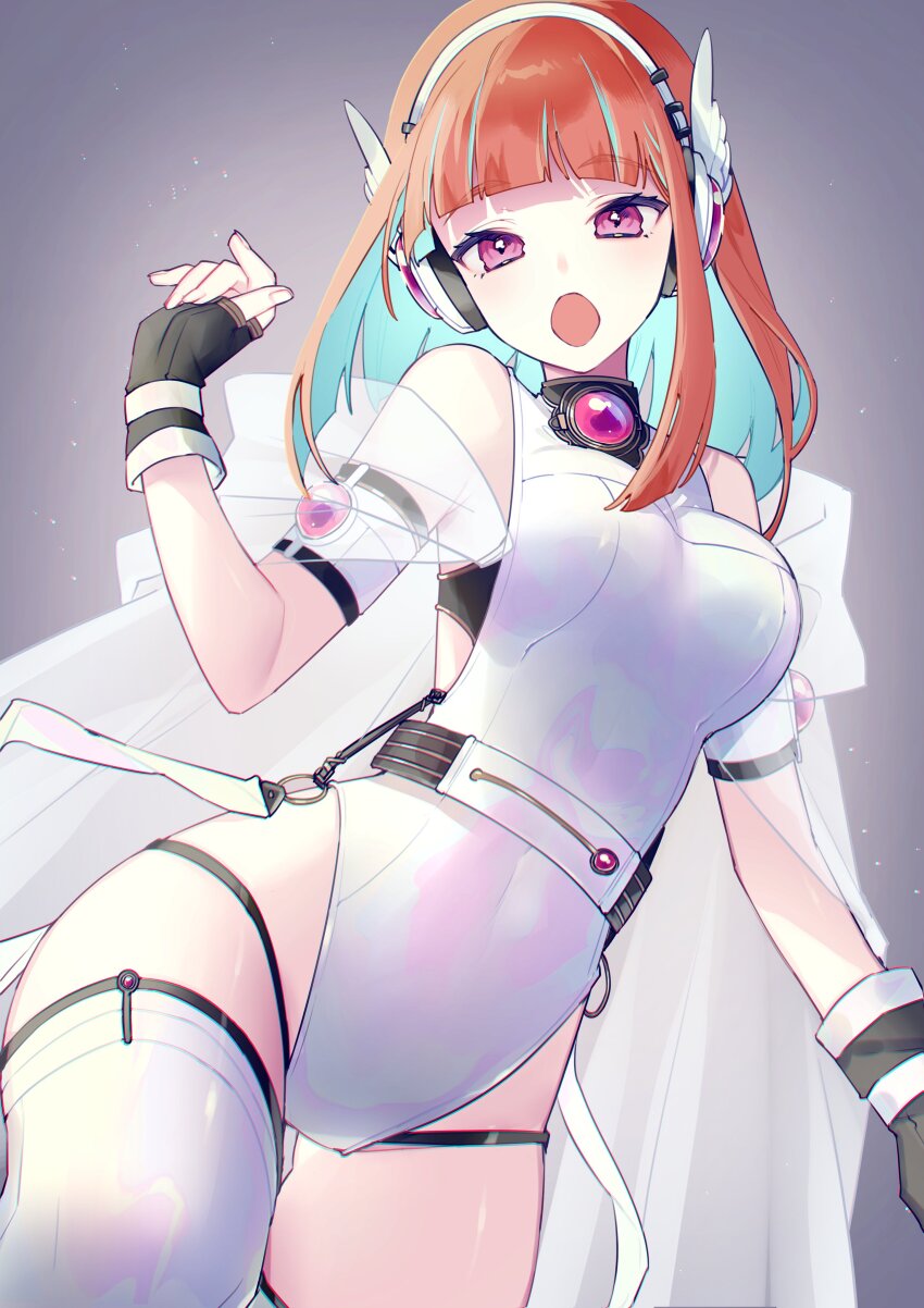 1girl, absurdres, bare_shoulders, blunt_bangs, breasts, cape, chiyomaru_(yumichiyo0606), colored_inner_hair, covered_navel, facing_viewer, fingerless_gloves, gloves, green_hair, headphones, highres, hololive, hololive_english, leotard, light_particles, looking_at_viewer, medium_breasts, medium_hair, multicolored_hair, open_mouth, orange_hair, purple_eyes, see-through_cape, shiny_clothes, shiny_skin, simple_background, solo, takanashi_kiara, thighhighs, thighs, two-tone_hair, upper_body, virtual_youtuber, white_leotard, white_thighhighs, winged_headphones