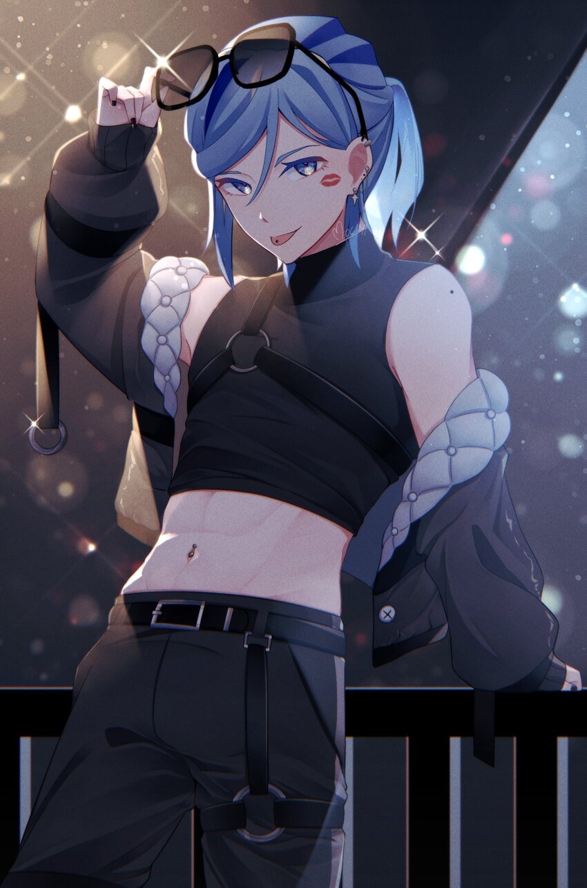 1boy, abs, adjusting_eyewear, alternate_costume, arm_support, belt, black-framed_eyewear, black_belt