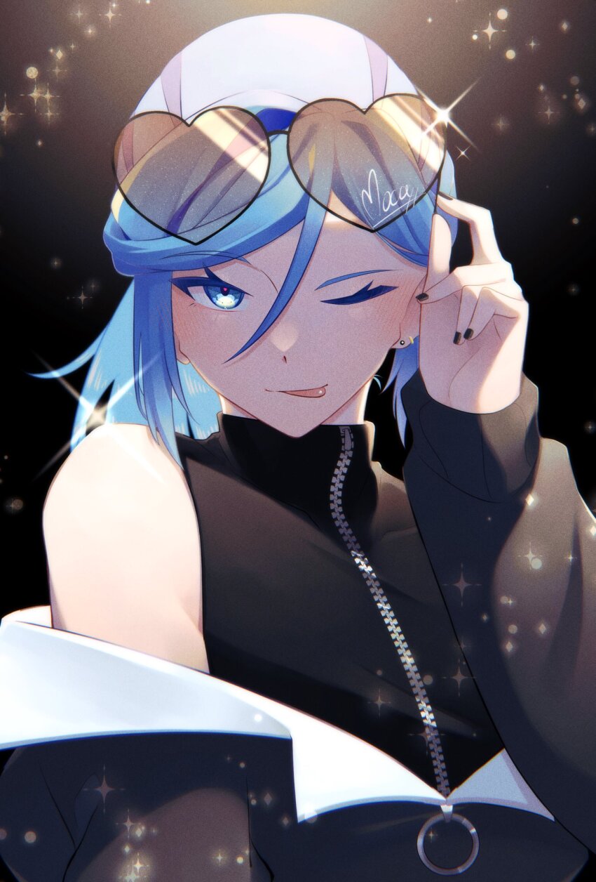 1boy, alternate_costume, aqua_eyes, black-framed_eyewear, black_nails, blue_hair, closed_mouth, commentary_request