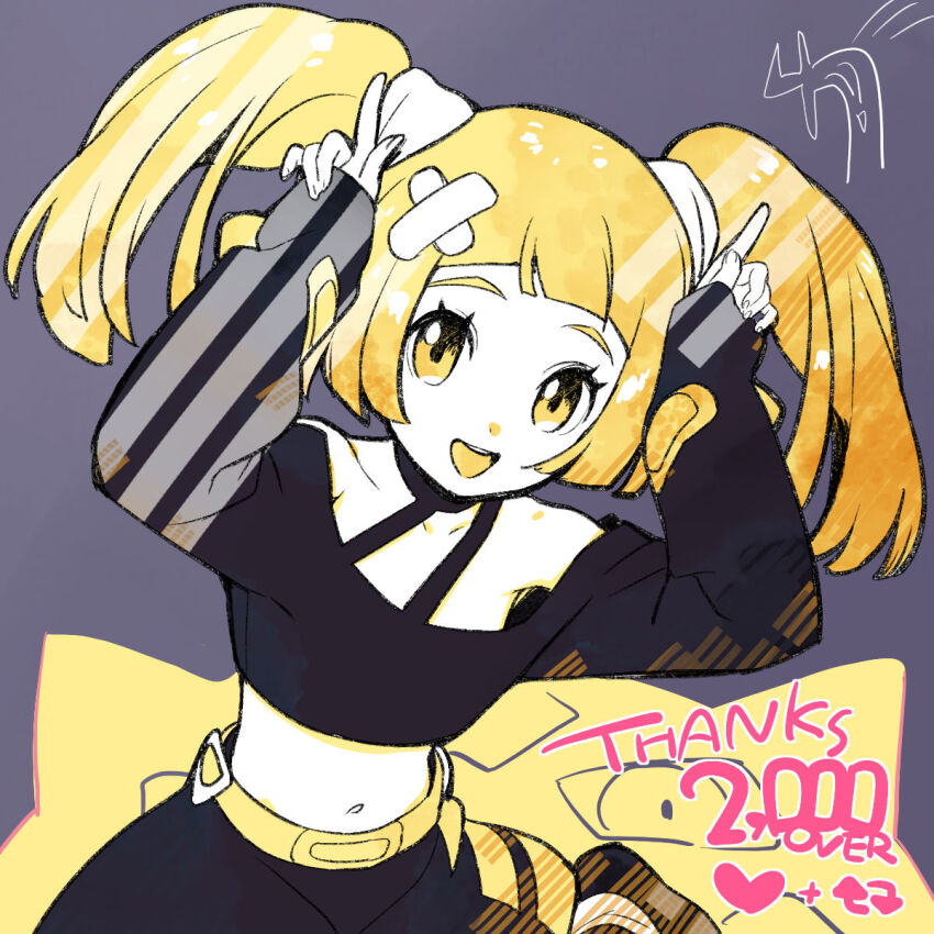 1girl, :d, arms_up, belt, black_shirt, black_skirt, blonde_hair, blunt_bangs, coral_(pokemon), coral_(pokemon)_(cosplay), cosplay, cropped_shirt, eyelashes, grey_background, happy, highres, index_fingers_raised, kinocopro, lillie_(pokemon), long_sleeves, looking_at_viewer, milestone_celebration, navel, nintendo, open_mouth, pokemon, pokemon_(anime), pokemon_horizons, pokemon_the_series:_sun_&amp;_moon, shirt, skirt, smile, solo, teeth, thank_you, tongue, twintails, upper_teeth_only, yellow_belt, yellow_eyes