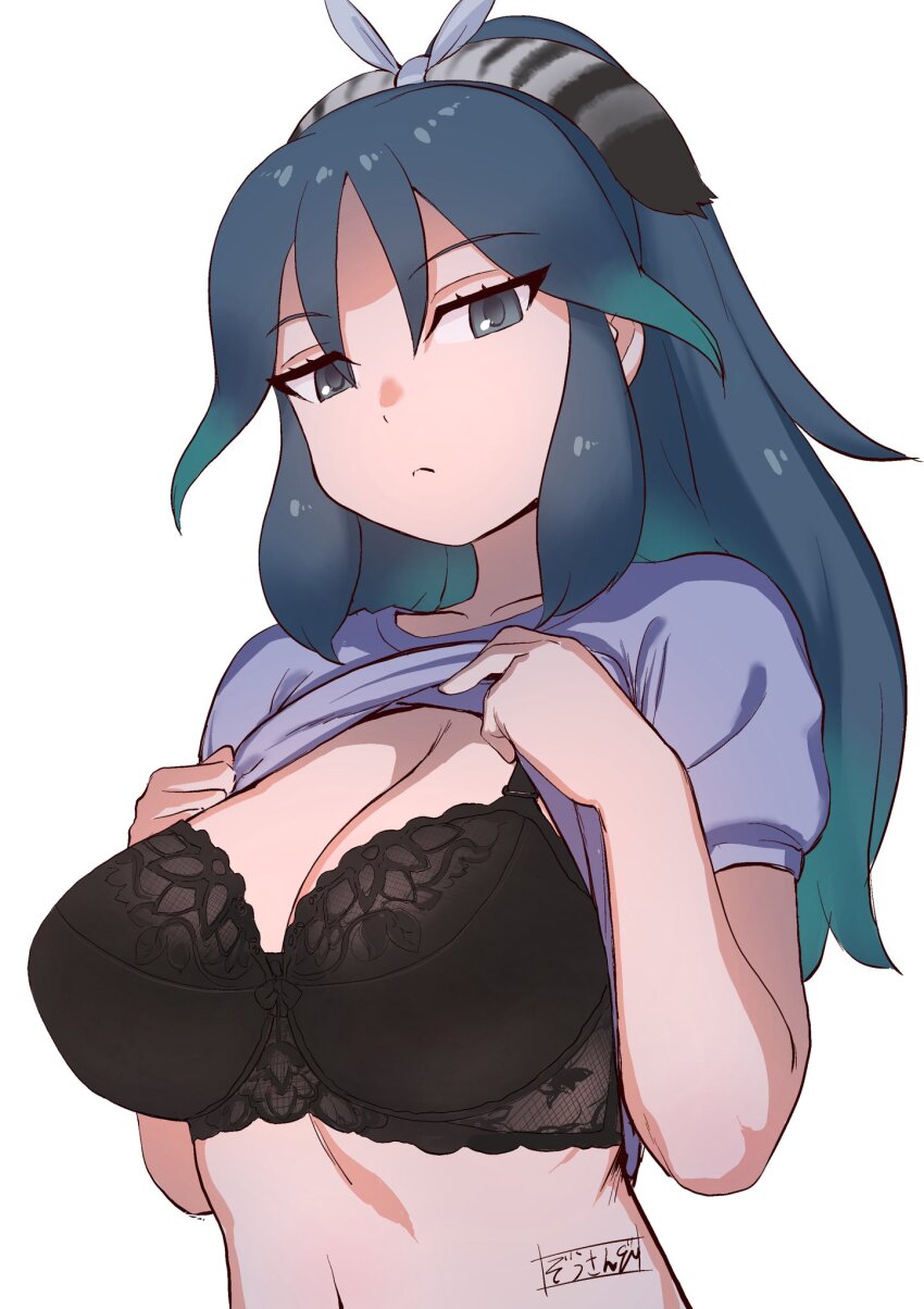 1girl, aqua_hair, black_bra, black_hair, blue_shirt, bra, breasts, clothes_lift, commentary, flashing, frown, gradient_hair, green_hair, grey_eyes, highres, kako_(kemono_friends), kemono_friends, kemono_friends_3, large_breasts, lifting_own_clothes, long_hair, looking_at_viewer, masuyama_ryou, multicolored_hair, ribbon, shirt, shirt_lift, short_sleeves, simple_background, solo, underwear, upper_body, white_background