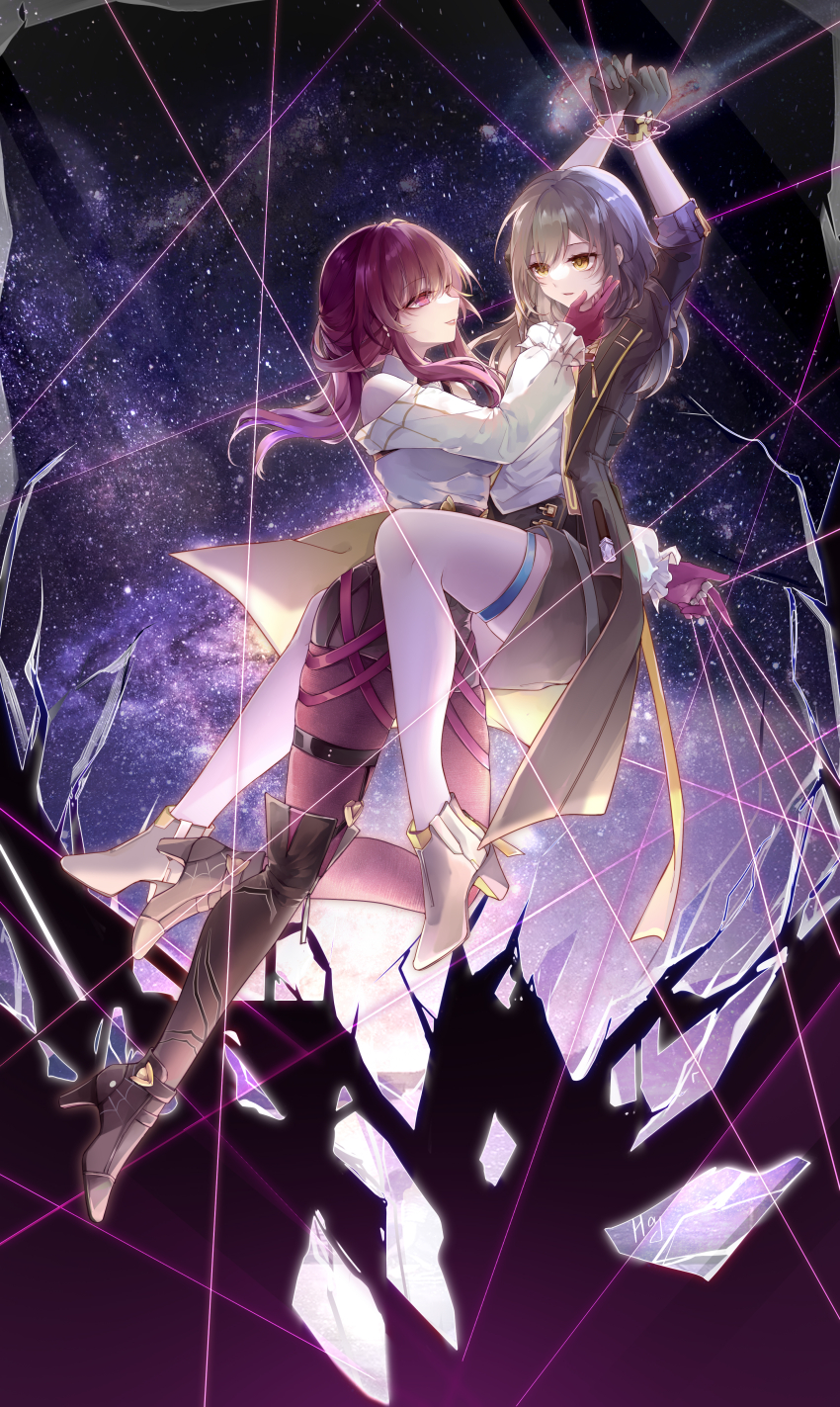 2girls, absurdres, black_footwear, boots, bound, bound_wrists, chinese_commentary, commentary_request, full_body, gloves, grey_hair, high_heel_boots, high_heels, highres, honkai:_star_rail, honkai_(series), jacket, kafka_(honkai:_star_rail), long_hair, looking_at_viewer, multiple_girls, open_mouth, ponytail, purple_hair, shirt, shuiyinzijun, signature, sky, smile, star_(sky), starry_sky, stelle_(honkai:_star_rail), thigh_boots, thighhighs, trailblazer_(honkai:_star_rail), white_shirt, yellow_eyes, yuri