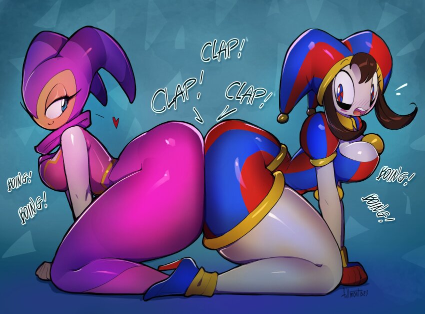 !, 2girls, absurdres, all_fours, alternate_breast_size, ass, ass-to-ass, ass_focus, ass_shake, black_hair, blush, boots, bouncing_breasts, breasts, clapping, clenched_teeth, curvy, full_body, fullmontis, glitch_productions, gloves, hat, hat_bell, high_heel_boots, high_heels, highres, huge_ass, jester, jester_cap, large_breasts, looking_at_viewer, medium_breasts, multicolored_eyes, multicolored_headwear, multiple_girls, nights_(character), nights_into_dreams, pomni_(the_amazing_digital_circus), sega, shiny_skin, short_hair, simple_background, smile, sound_effects, tears, teeth, the_amazing_digital_circus, thick_thighs, thighs