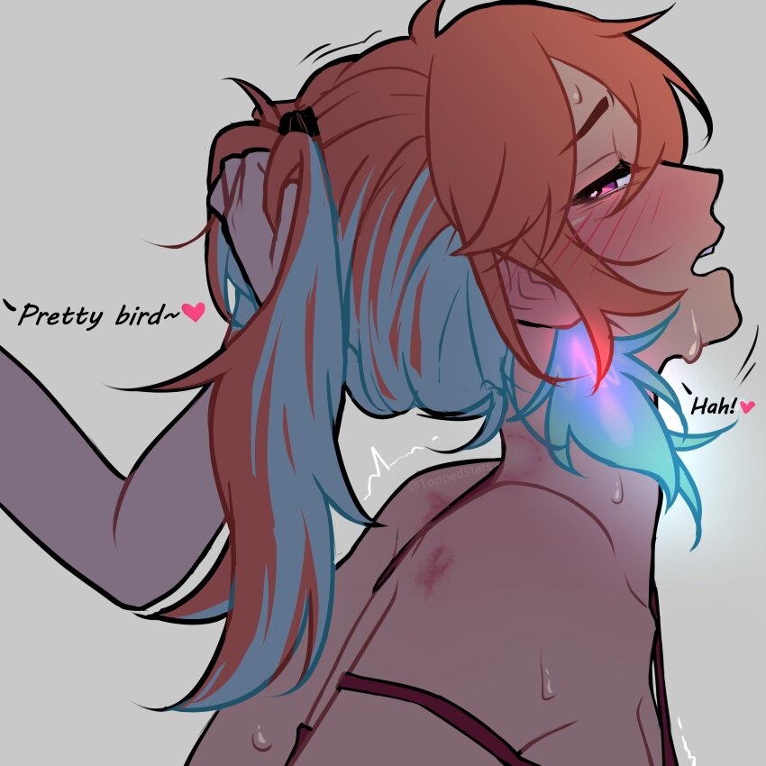 2girls, absurdres, blue_hair, breasts, english_text, femdom, highres, holding_another's_hair, hololive, hololive_english, implied_sex, medium_breasts, multicolored_hair, multiple_girls, orange_hair, rei_(_silvertone), scar, sweat, takanashi_kiara, two-tone_hair, upper_body, virtual_youtuber, yuri