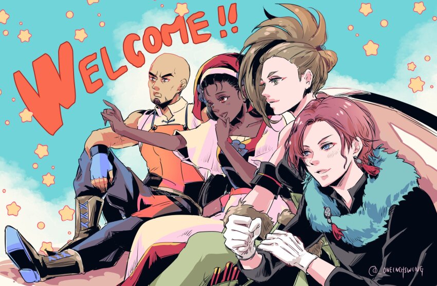 2boys, 2girls, anisse_(fire_emblem), bald, beard, black_hair, blue_eyes, brown_hair, calney_(fire_emblem), dark-skinned_female, dark_skin, durthon_(fire_emblem), facial_hair, facing_to_the_side, fire_emblem, fire_emblem_engage, highres, looking_to_the_side, multiple_boys, multiple_girls, nintendo, pinet_(fire_emblem), umi_(oneinchswing)