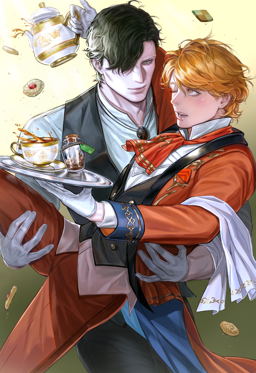 2boys, alternate_costume, black_hair, cup, ferdinand_von_aegir, ferdinand_von_aegir_(tea_party), fire_emblem, fire_emblem:_three_houses