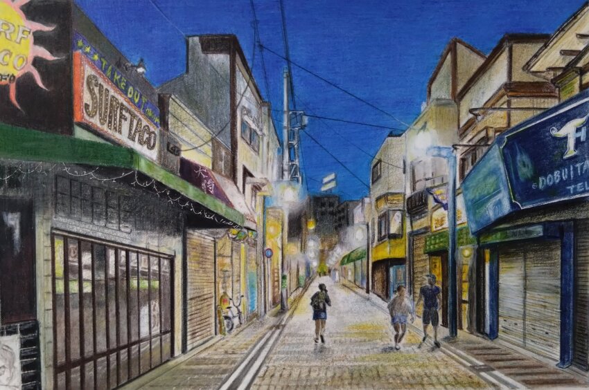 1girl, 2boys, alley, bicycle, blue_sky, city, colored_pencil_(medium), english_text